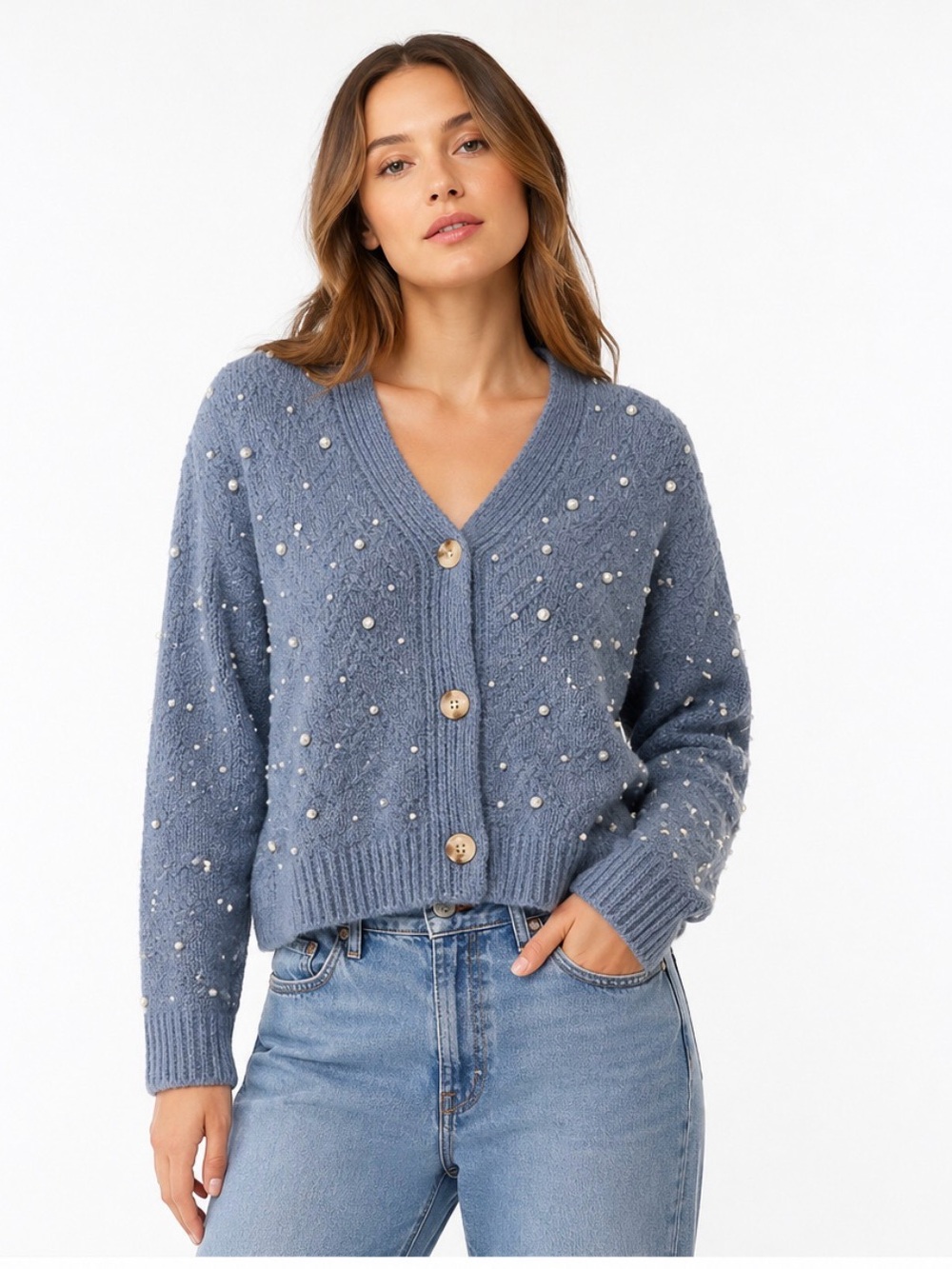 Lush Slate Blue V-Neck Pearl-Embellished Cardigan | size Small